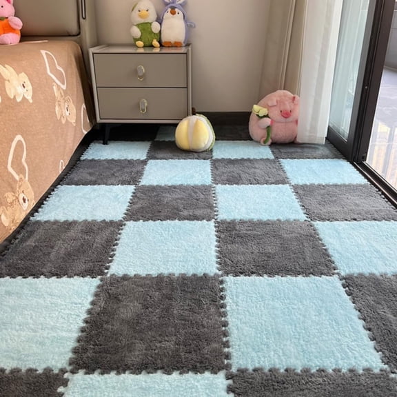 12Pcs Interlocking Carpet Tiles,12"x 12" Plush Interlocking Foam Carpet Tiles with Border,Fluffy Play Mat Floor Tiles Thick Padded Squares Foam Tiles for Playroom Decor (Light Blue Grey)