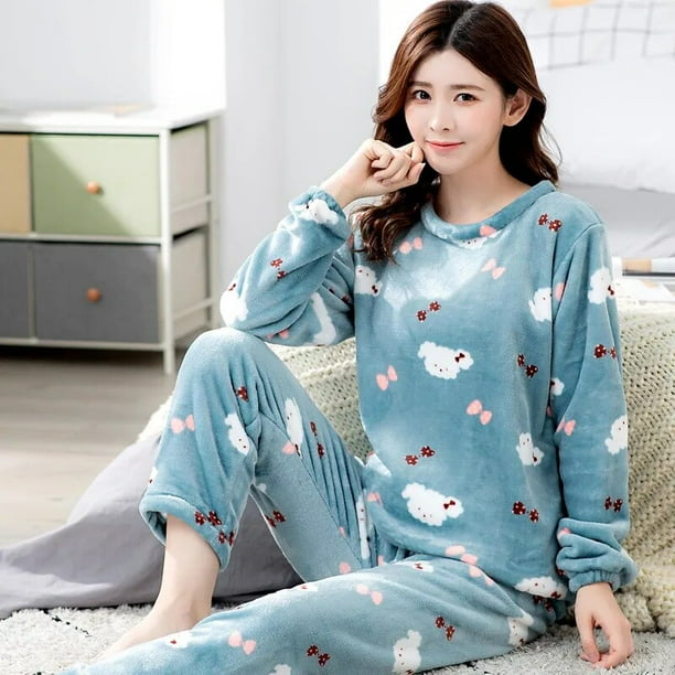 Pijamas cálidos con estampado de puntos para mujer, Conjunto de pijama de franela para mujer, estilo coreano grueso, Tops y pantalones de dibujos animados encantadores, invierno, 2 piezas