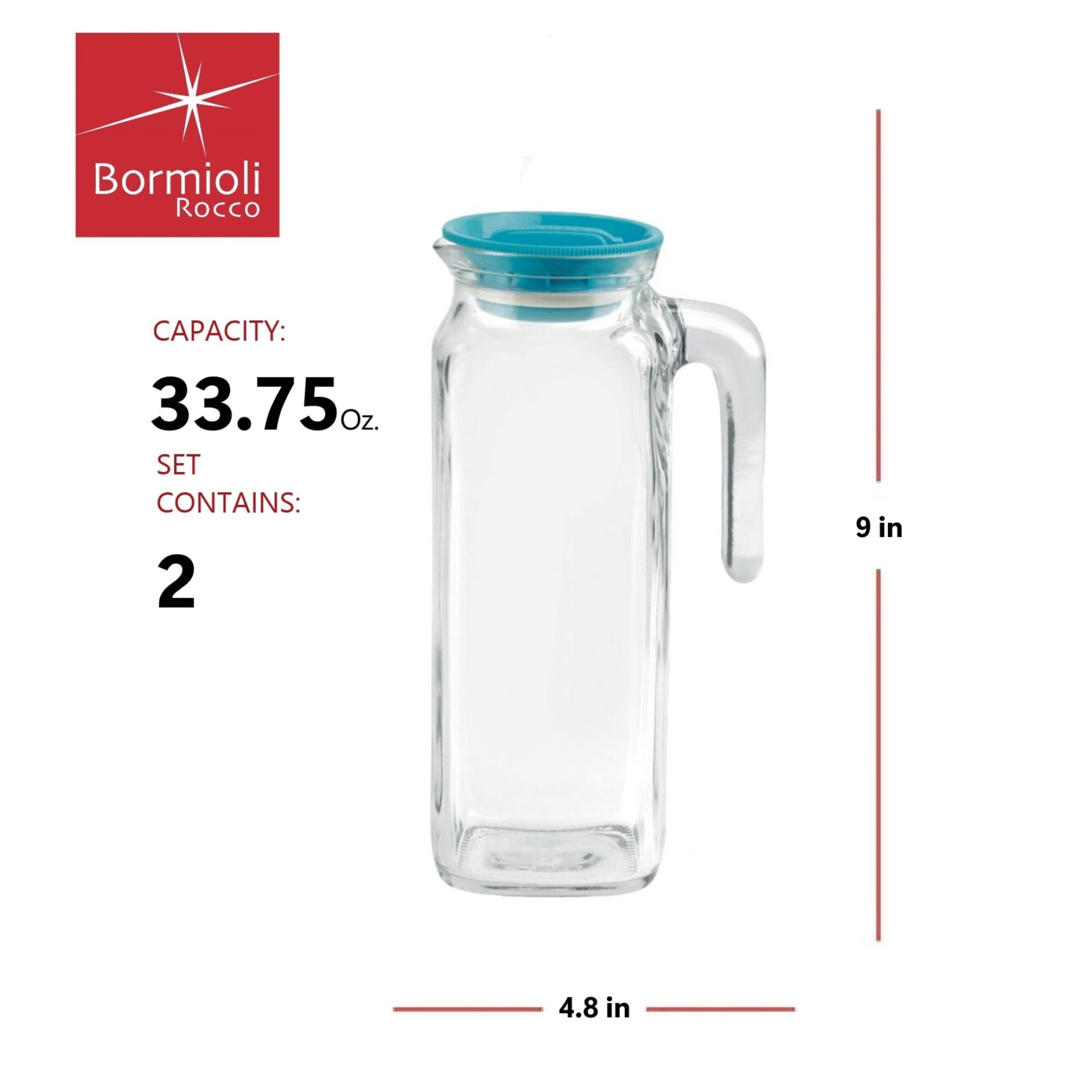 Bormioli Rocco Frigoverre Classic Jug 33.75 oz - with Teal Lid - Set of 2