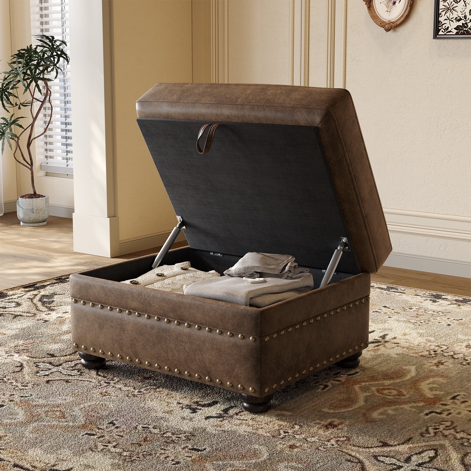 Faux Leather Ottoman with Storage, Nailhead Footrest Stool for Living Room, Brown