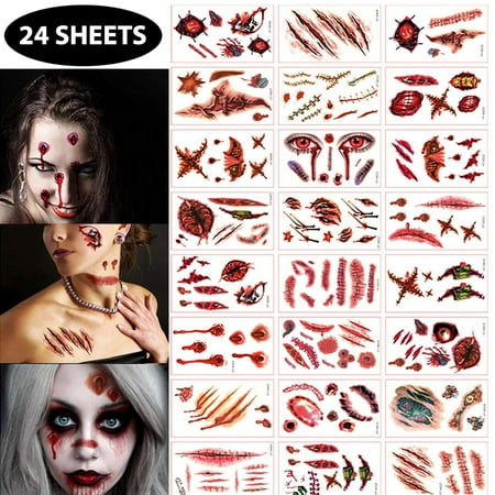 AUCHEN Temporary Tattoos(150+Pieces)Halloween Temporary Tattoos,Realistic Makeup Face Decorations Fake for Halloween Costume,Party Supplies Cosplay Props(24 Sheets)