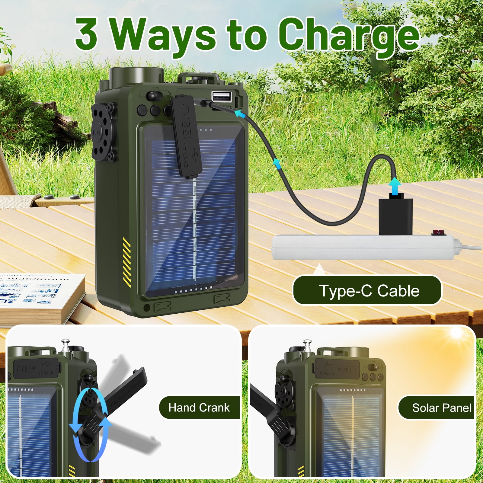 Greadio R11 Bluetooth Portable Emergency Radio, Battery Powered, Backlit, Small, Single Piece, Charging Cable & Storage Case, Green, R11
