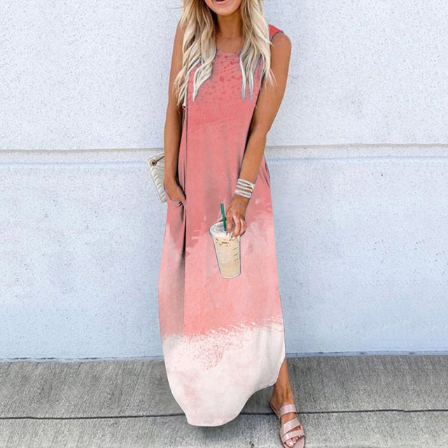 Lenago Robe Maxi Grande Taille pour Femmes Imprimée Sans Manches à Col Rond Longue Robe Robes d'Été de Plage en Liquidation