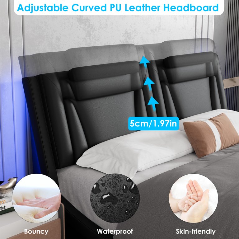 Homfa King Size LED Bed Frame, PU Leather Upholstered Curved Platform Bed  Frame with Adjustable Headboard, Black - Walmart.com