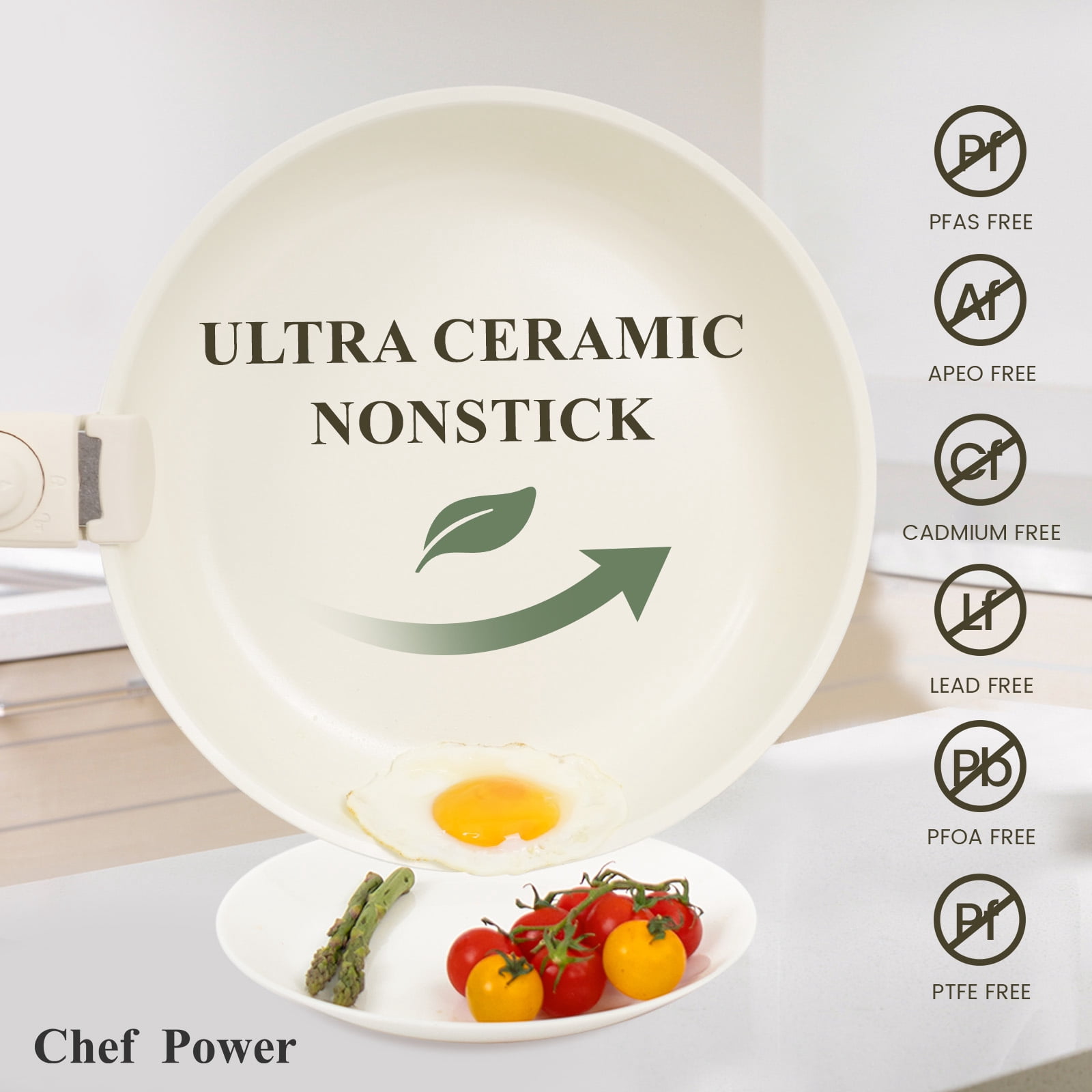 Chef Power 5pcs Pots and Pans Set, Nonstick Cookware Set, Ceramic Pan, Detachable Handle, RV Cookware Set, Induction Pan, Dishwasher, Oven Safe, Cream White