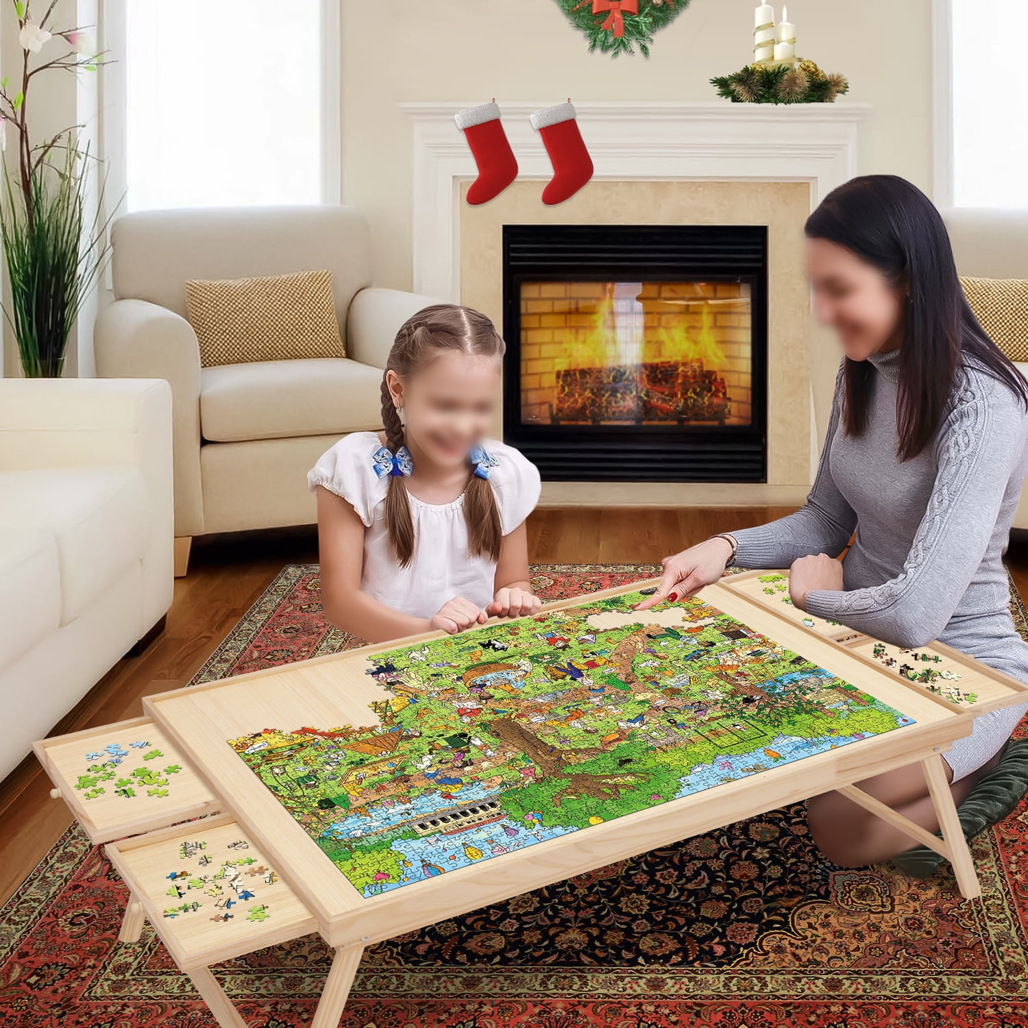 TEAKMAMA 1500 Piece Wooden Jigsaw Folding Puzzle Board, Puzzle Table with  Legs and Protective Cover, 34” X 26.3” Jigsaw Puzzle Board with 4 Drawers 