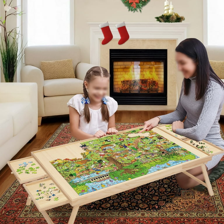 1500 Piece Puzzle Board 34 x 26 Wooden Jigsaw Puzzle Table with Folding  Legs and 4 Drawers,1 Protective Cover 10 Glue Sheet and 4 Hangers,Portable