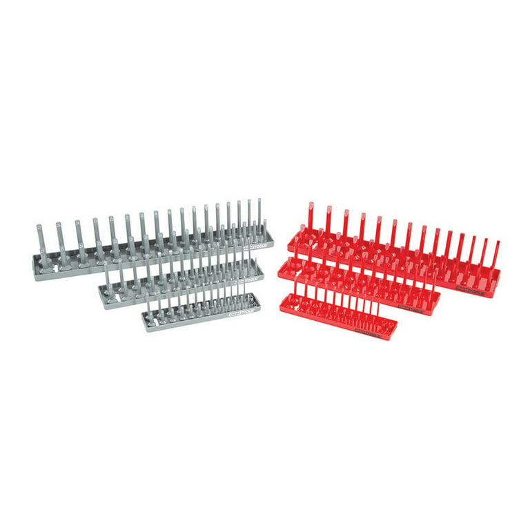 OEMTOOLS 22413 6 Piece SAE and Metric Socket Tray Set (Red and Gray), 1/4,  3/8, and 1/2 Drive Socket Holders Organizers for Tool Box 