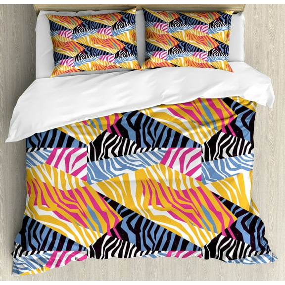Safari Duvet Cover Set King Size, Colorful Animal Skin Zebra Print Wildlife Inspired Design Artwork of Stripes, Decorative 3 Piece Bedding Set with 2 Pillow Shams, Multicolor, by Ambesonne