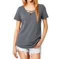 thumbnail image 3 of Nlife Women Criss Cross V Neck Short Sleeve Solid Color T-shirt, 3 of 7