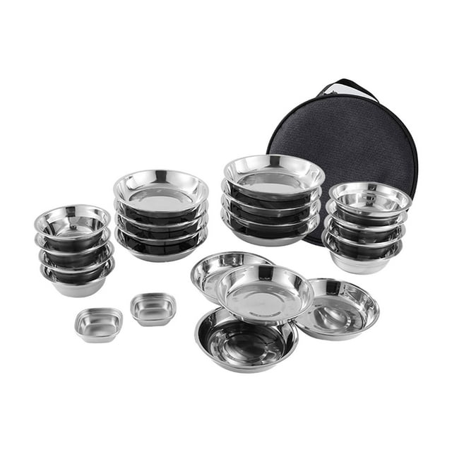 Platos y tazones de acero inoxidable, utensilios para acampar, platos con bolsa de almacenamiento, juego de comedor portátil para acampar para uso al 22 piezas shamjiam utensilios al aire libre