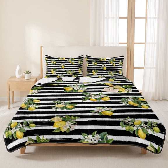 3 Pieces Queen Quilt Set,Watercolor Lemon Flower Leaves Soft Bedding Sets with 1 Quilt & 2 Pillow Shams,Black White Stripes Summer Bedspread Lightweight Coverlet Comforter