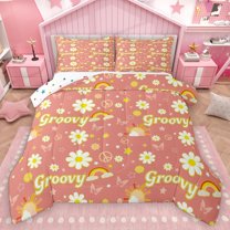 Homewish Kids Teens Vintage Groovy Flower Full Size Comforter Sets 3-Piece,Flying Butterflies Bedding Comforter Set,Cartoon Floral Rainbow Lightweight Bedding Sets,Ultra Soft Home Decor,Reversible