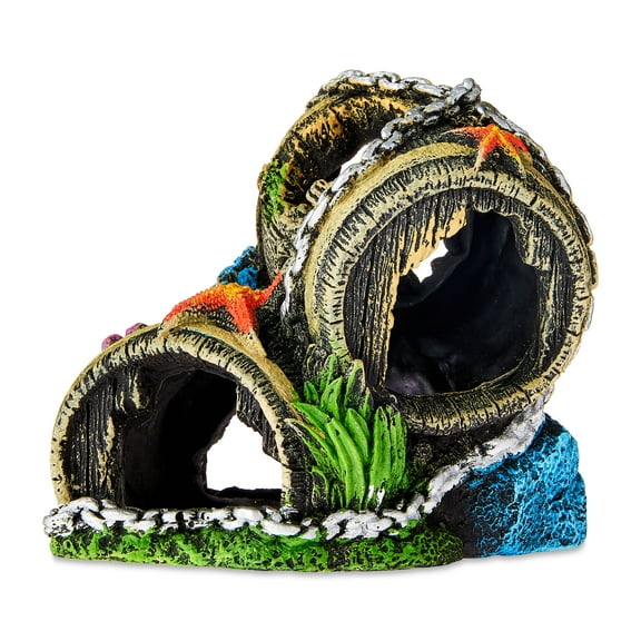 Vibrant Life Barrel Polyresin Aquarium Decor, Multicolor, 5.5" x 4.5" x 5"