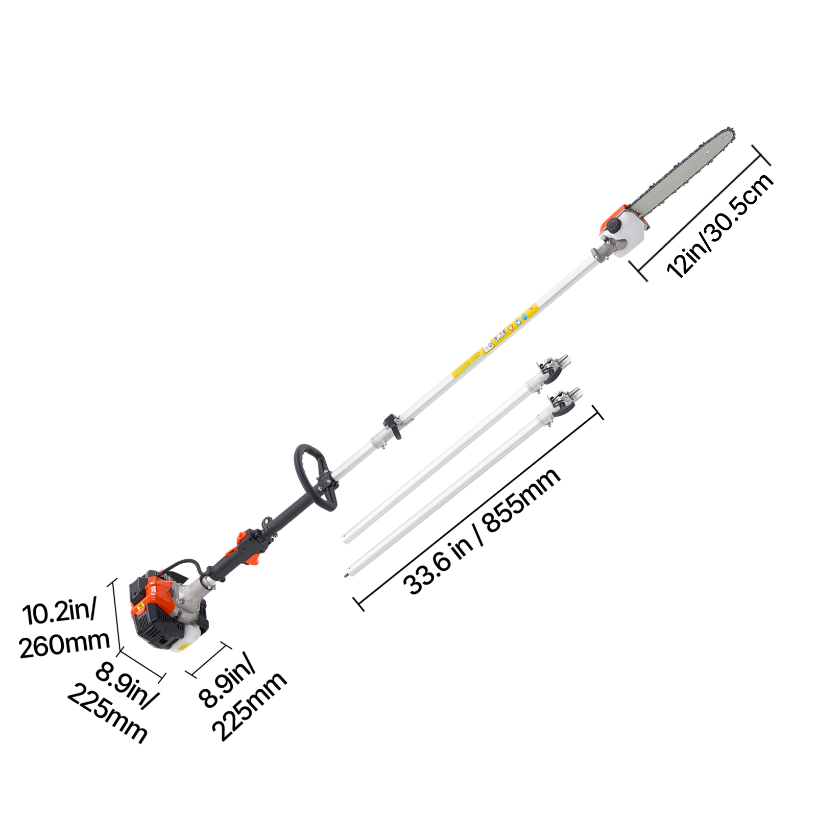 VEVOR Gas Pole Saw, 25CC 2 Stroke Gas Powered Pole Saws with 12 in Cutting Bar, Cordless Tree Trimmer with 23 fl.oz Fuel Tank, 7 to 12 ft Extendable, Powerful Chainsaw for Tree Trimming Pruning