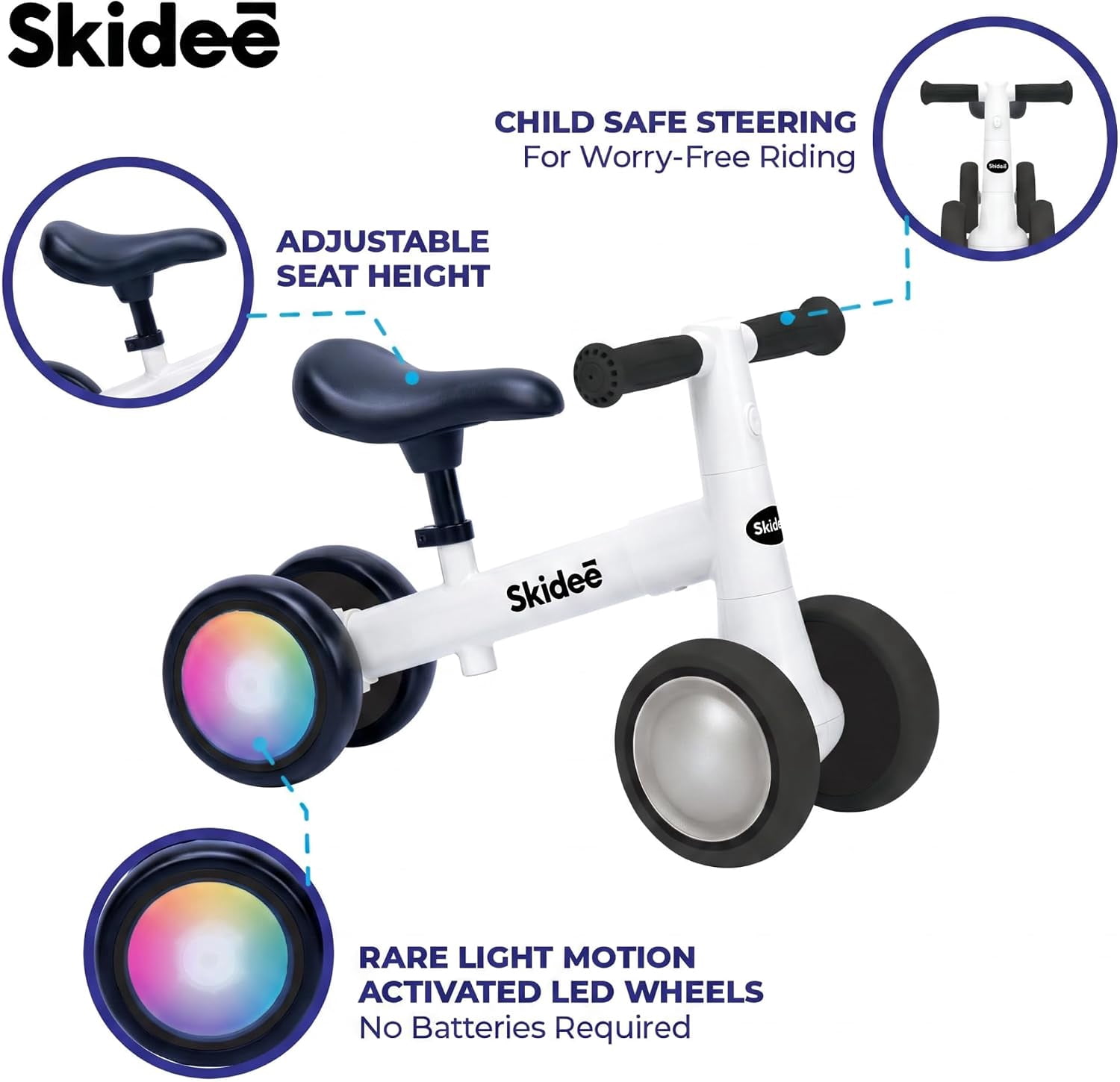 Skidee Toddler Balance Bike 1-3, 4-Wheel Balance Bike with Rare Light-Motion-Activated LED Wheels, Adjustable Height & Child Safe Steering, Lightweight Ride-On Toy Training Bike for Boys & Girls