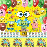 WOLINGYU Spongebob Birthday Party Decorations, Cartoon Spongebob Party Supplies Favors Includes Backdrop, Tablecloth, Cake Topper, Cupcake Toppers, Latex Balloons for Boys Grils Adult