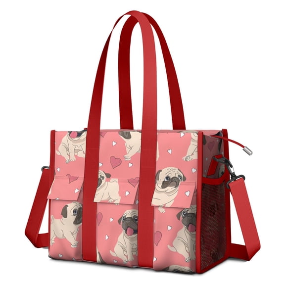 Teacher Tote Bag,Pug and Love Heart Teacher Utility Tote Bag,Large Work Tote Bags for Women with Multiple Pockets,Top Zipper Closure,13.8x10.6x6.7 Inch