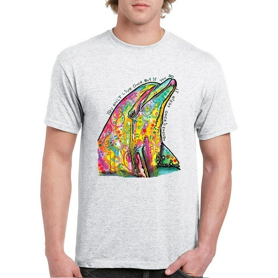 Tee Hunt You Only Live Once T-Shirt Cute Neon Dolphin Dean Russo Art Men's Tee, Ash Gray, X-Large
