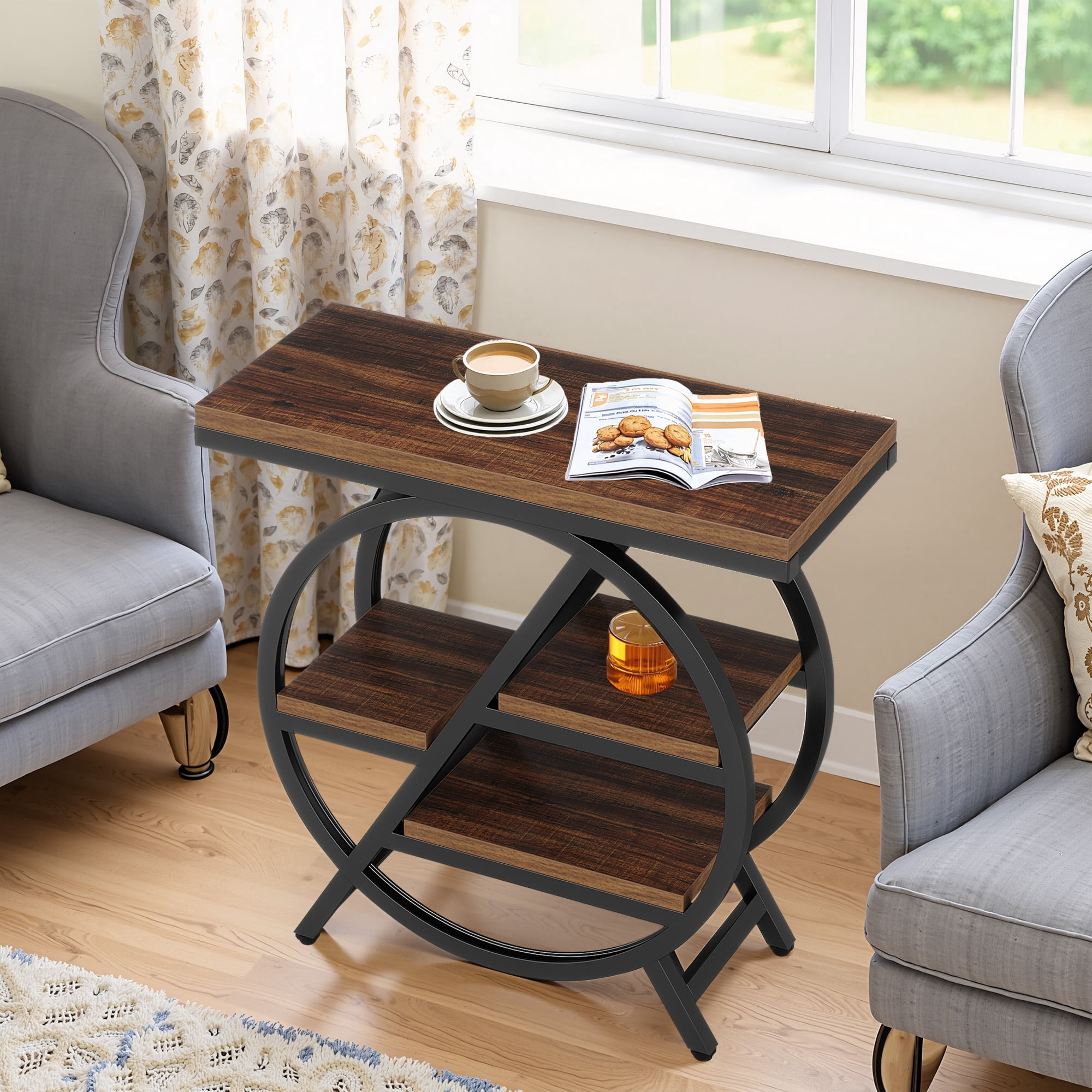 MAYEERTY 4-Tier End Table, Industrial Small Side Snack Table with Storage Shelves, Sturdy Metal Frame, Adjustable Feet, Easy Assembly for Living Room, Bedroom