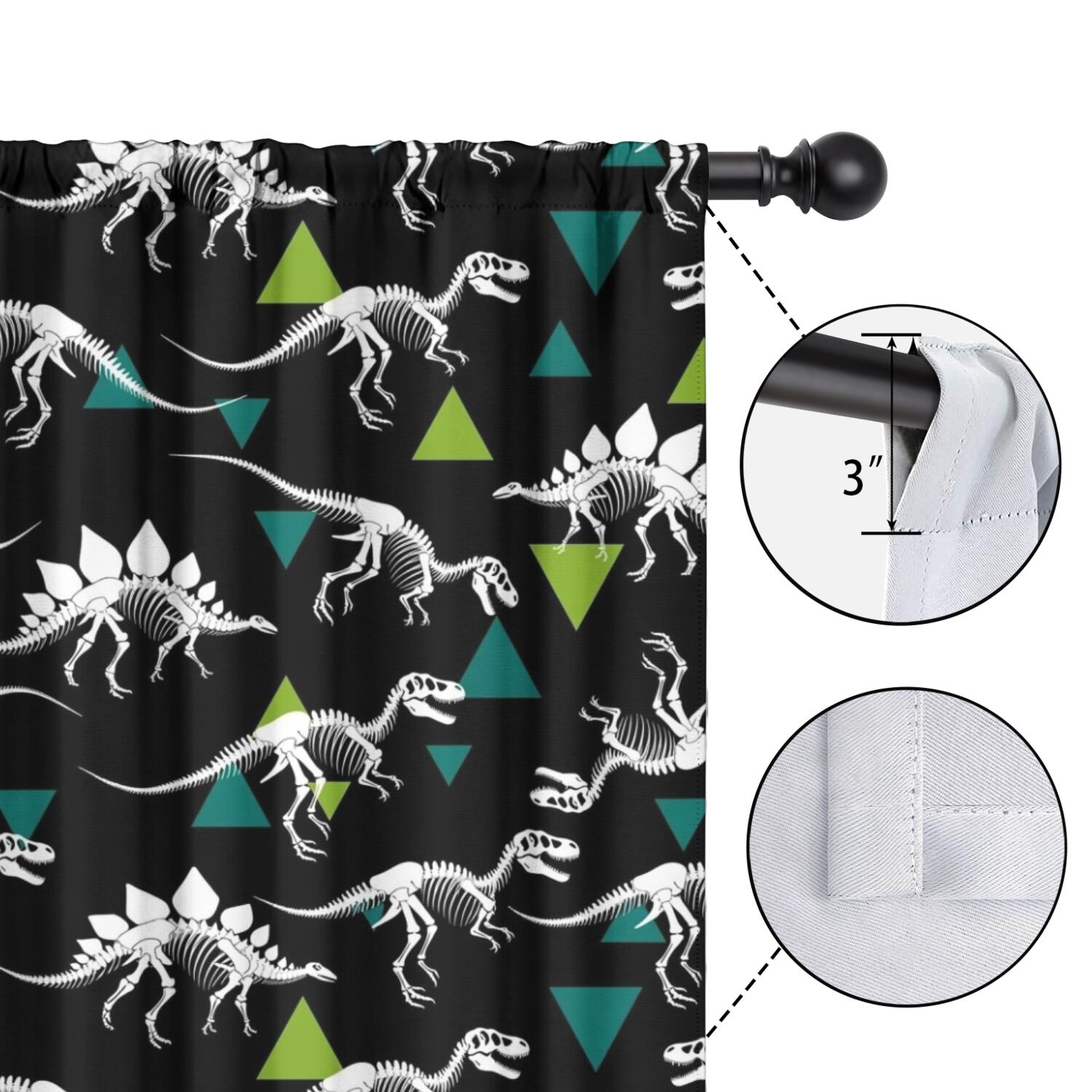 Blackout Kids Curtains,Black Cartoon Dinosaurs Skeletons Triangles Pattern Childrens Insulated Curtains Set Of 2,Bedroom Essentials,Toddler Room Decor 52"x63"