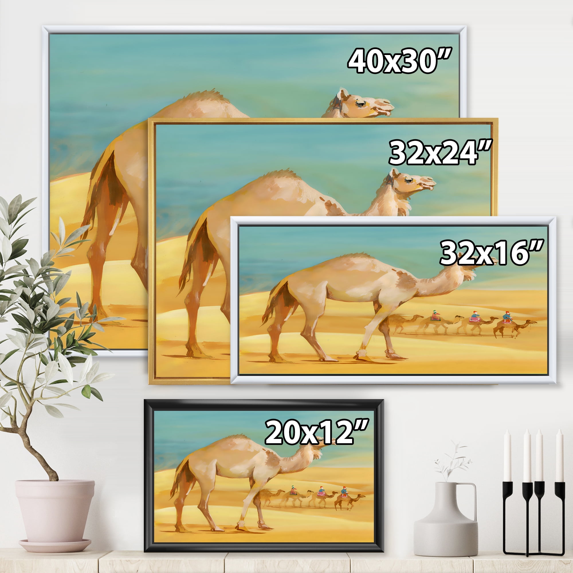 Designart 'Camels In Wild Desert I' Farmhouse Framed Canvas Wall Art Print