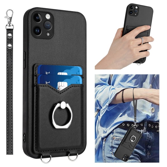 Allytechgroup iPhone 11 Pro Max Wallet Case for Women Men, Premium PU Leather Shockproof Hand Wrist Slim Fit Back Cover Phone Case for iPhone 11 Pro Max, Black