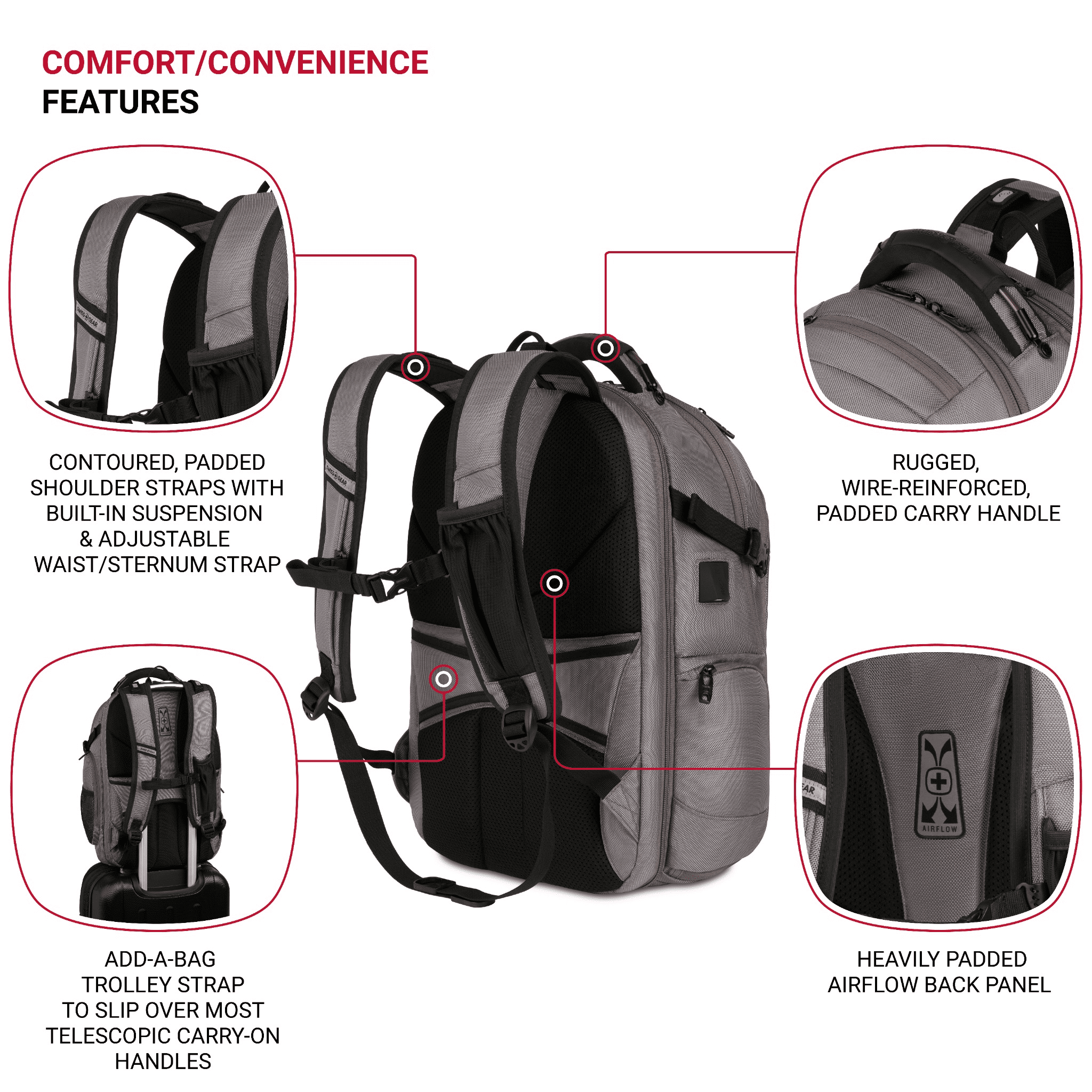 SWISSGEAR Travel Tech Elite 16” Laptop Backpack, ScanSmart, TSA-Friendly, USB Port, Grey Ballistic