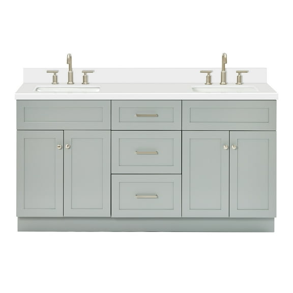 DKB Bradford 66-Inch Grey Double Bathroom Vanity, 1.5-Inch Pure White Quartz Countertop & Backsplash, Rectangular Sinks, 2 Soft Closing Doors, 3 Dovetail Drawers, Toe Kick, Brushed Nickel
