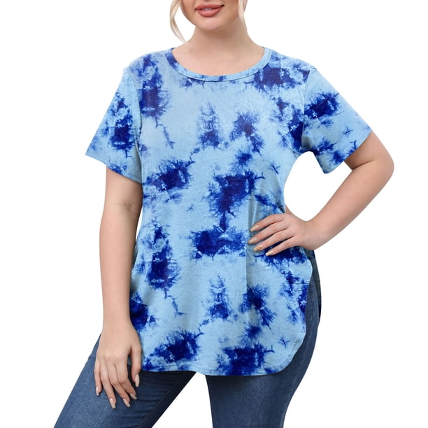 Gibobby Playera Corte clásico para Mujer Camiseta informal manga corta con cuello redondo y manga corta con estampado talla grande para mujer(Azul,XL)