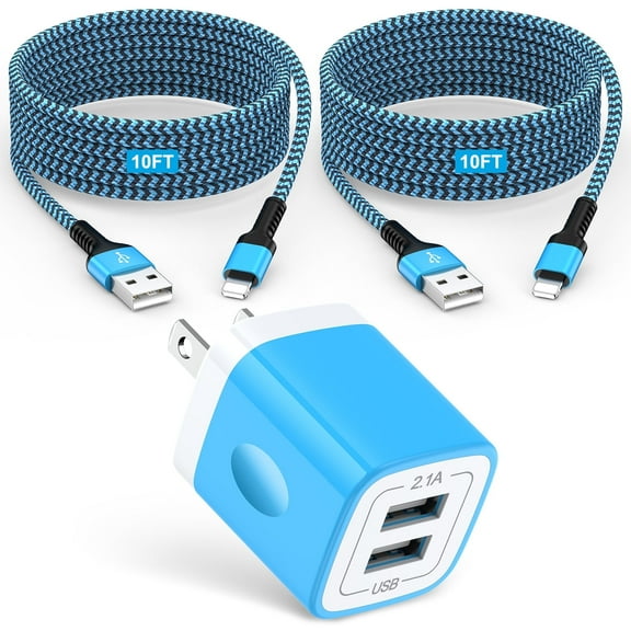 GAEF Dual Port Charger Compatible for iPhone,USB Charger Block Adapter Plug Box Station Brick & 2pack USB Charger Cable,Phone Fast Charger Charging Cable 10FT Compatible for iPhone(Blue)
