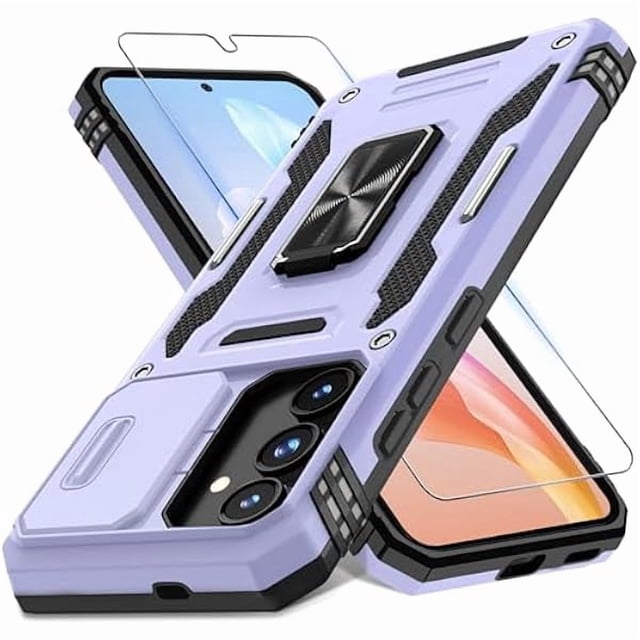 Chenchen Case for Samsung Galaxy S25 FE 6.7-Inch with Slide Camera Cover+Screen Protector(1 Pack), Rotated Ring Kickstand Military Grade Shockproof Protective Cover-Light Purple