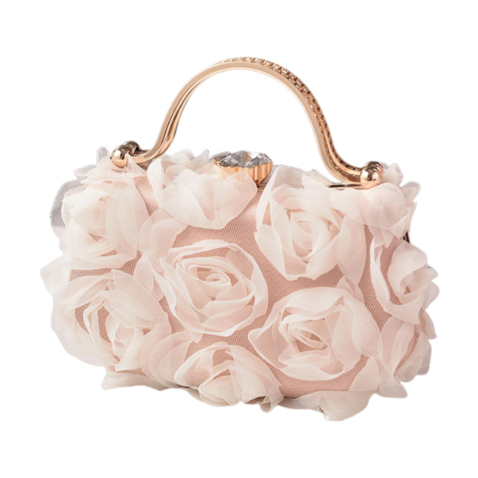 Bolso de flores con bolso compacto de correa de cadena para llaves del teléfono celular de la boda del baile de graduación Beige