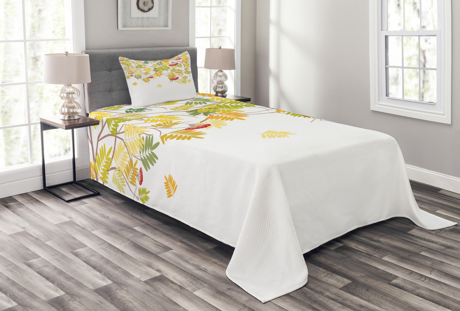Details about   Rowan Quilted Bedspread & Pillow Shams Set Warm Colors Autumn Season Print