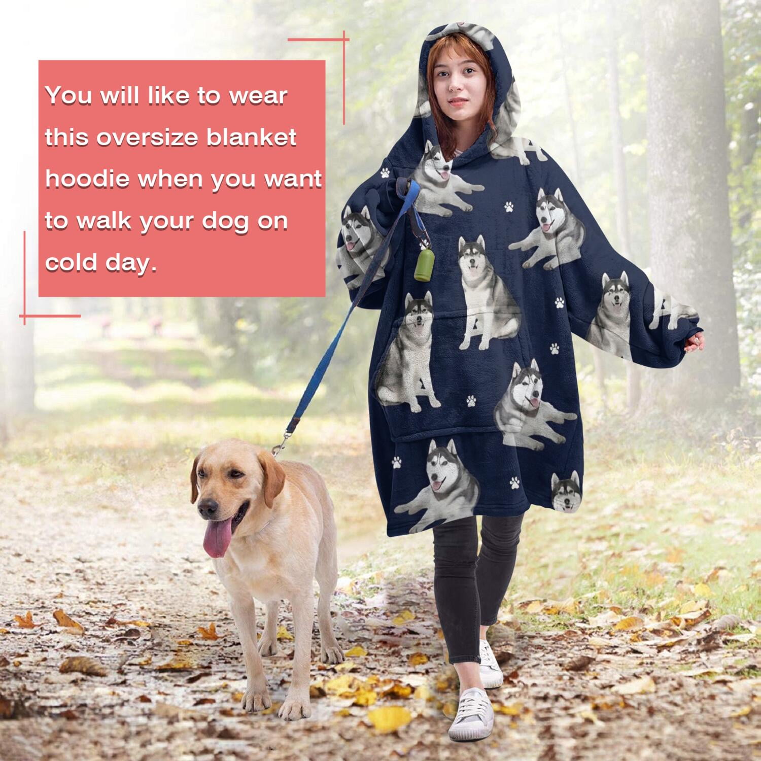 Siberian Husky Wearable Oversized Blanket,Wearable Blanket Hoodie for Adults,Cozy Hooded Blankets with Super Pockets,Super Warm Fuzzy Pullover for Women & Men