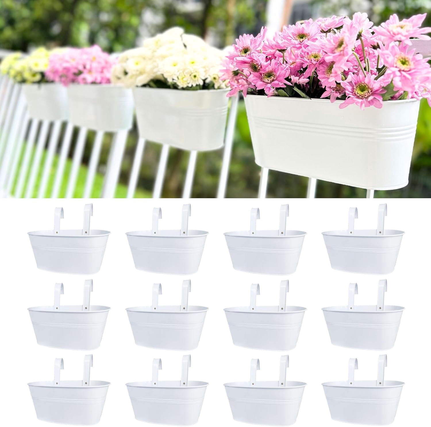 Outdoor Hanging Flower Pots 6 Pack 11.8 Inch White Metal Iron Planters Deck Railing Fence Window Box Plant Holders Porch Decor