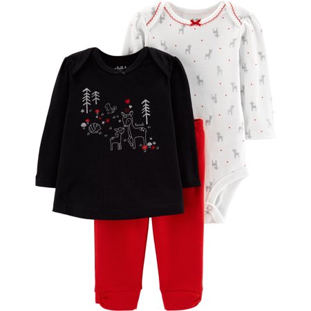 Long Sleeve Bodysuit, Long Sleeve Babydoll T-Shirt, & Pants, 3-Piece Outfit Set (Baby Girls)