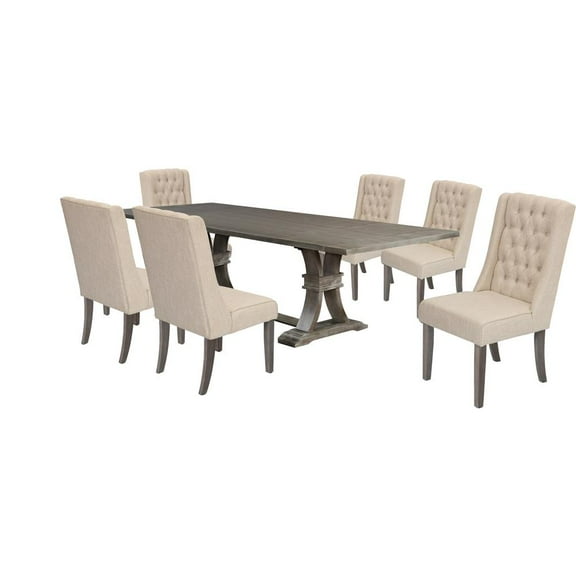 Rustic Gray Wood 7pc Dining Set with Table and Beige Linen Chairs