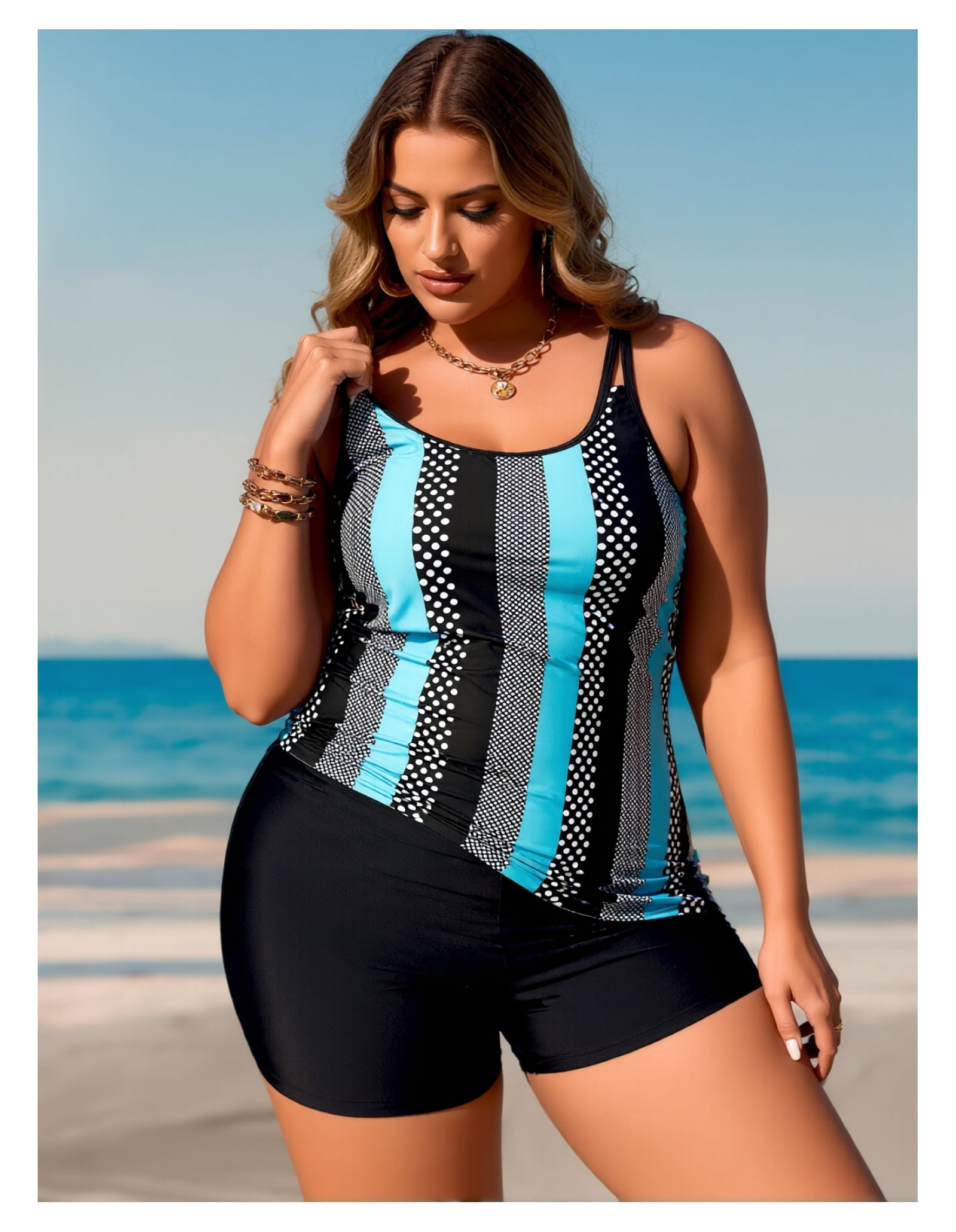 Two Piece Tankini Swimsuit with Swim Shorts and Modest Tummy Coverage