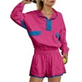 thumbnail image 6 of YOIAVAIOY Tennis sets Women Button Collar Pullover Sweat Shorts 2 Piece Athletic Baseball Outfits Travel Airport Set Resort Matching Wear Hot Pink L, 6 of 9