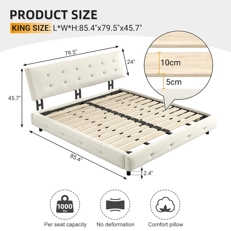 TICOZE King Size Bed Frame with Extra-Large Cloud Pillow Headboard, Chenille Upholstery and Hybrid Metal-Wood Support System in Beige/White
