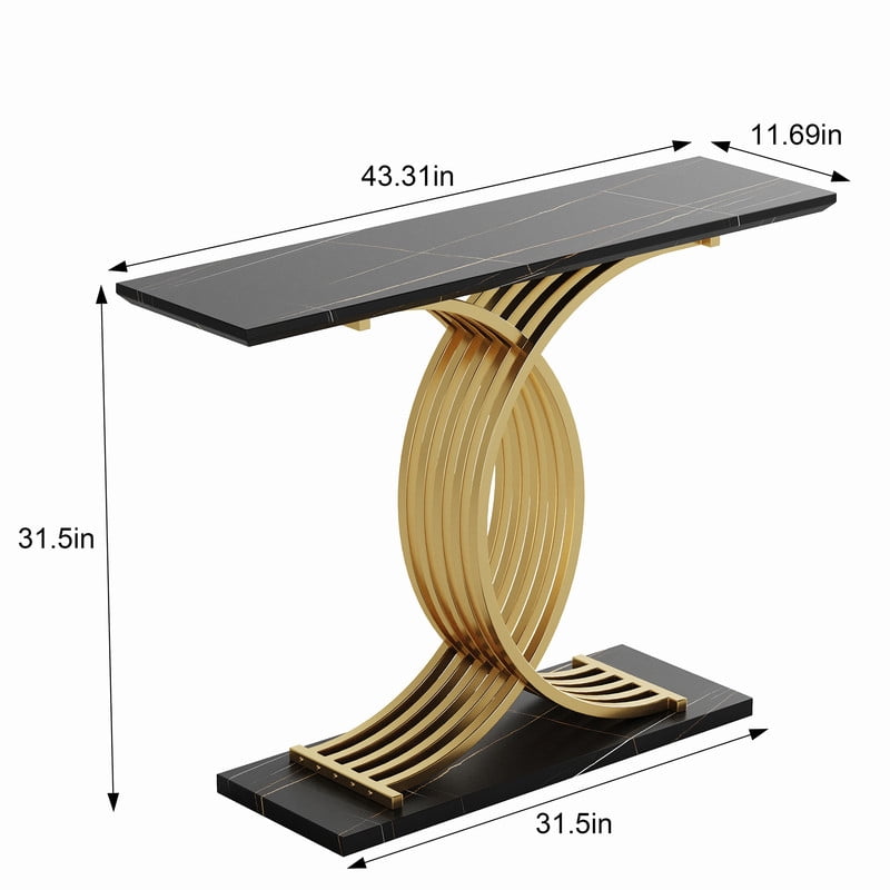 Accent Console Sofa Table with Gold Intertwined Crossed Metal Base, Entryway Display Side Table with Faux Marbling Top