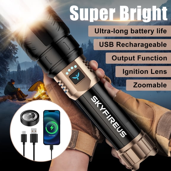 High-lumen LED flashlight with fire-starter function, adjustable focus & 4 modes—ideal for outdoor adventures and household needs.