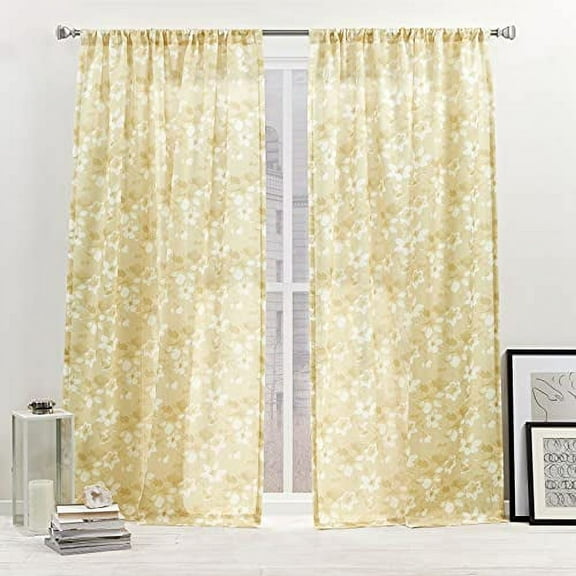 Nicole Miller New York Dara Light Filtering, Semi Sheer Rod Pocket Curtain Panels, 54"x96", Honey Gold, Set of 2