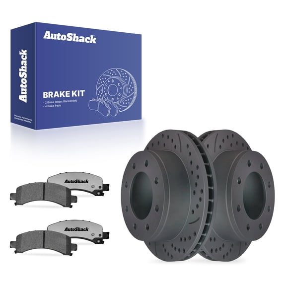 AutoShack Rear Vented Drilled & Slotted Coated Brake Rotors Black Matte Finish   Ceramic Pads 6-PC Brake Kit Replacement for 2003-2005 Chevrolet Express 1500 BlackShield 12.99" (330 mm)