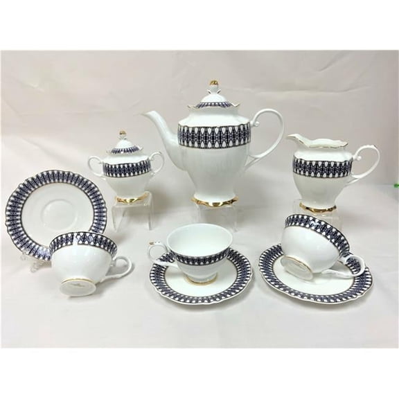 Mr. MJs Trading HO-16D250-15 Blue Pattern with Gold Trim Teapot Set, Set of 15