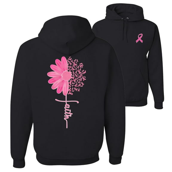 Wild Bobby, Breast Cancer Awareness Faith Pink Ribbon Sunflower Front and Back Unisex Hoodie Sweatshirt, Black, Small