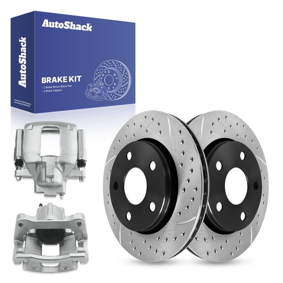 AutoShack Front Vented Drilled & Slotted E-Coated Brake Rotors   Calipers 4-PC Brake Kit Replacement for 2013-2017 Jeep Wrangler 2018 Jeep Wrangler JK ShadowGuard 11.89" (302 mm)