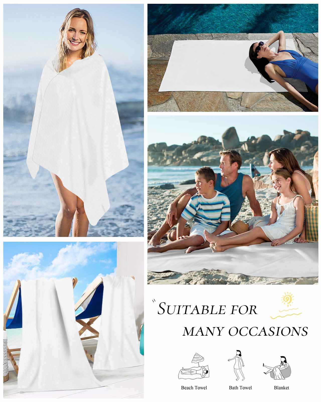 White Beach Towels Oversized Super Absorbent, Modern Minimalist Pure Soild Color Lightweight Bath Towel Quick Dry Sets For Bathroom/Pool/Rv Camping/Beach Play/Gym Room/Picnic 23"x47"