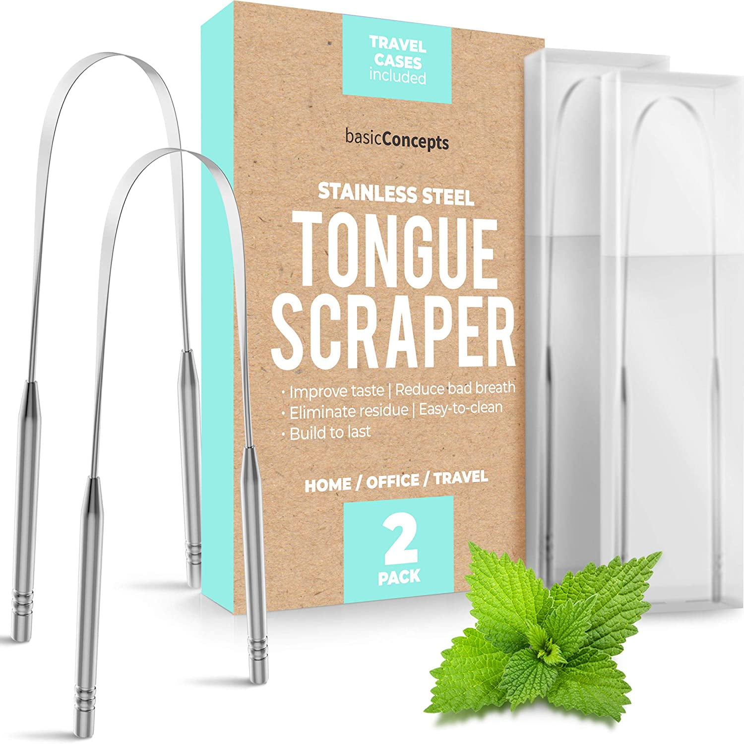 Tongue Scraper with Cases (2 Pack), Reduce Bad Breath in Seconds, 304 Stainless Steel Tongue Cleaners, Metal Tounge Scrappers, Tongue Scraper Cleaners, Easy to Use and Clean Tongue Scrapers Adults